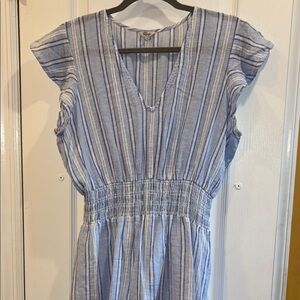 RAILS BRAND BLUE..LIGHT BLUE WHITE STRIPED SUNDRESS ELASTIC WAIST FLUTTER SLEEVE